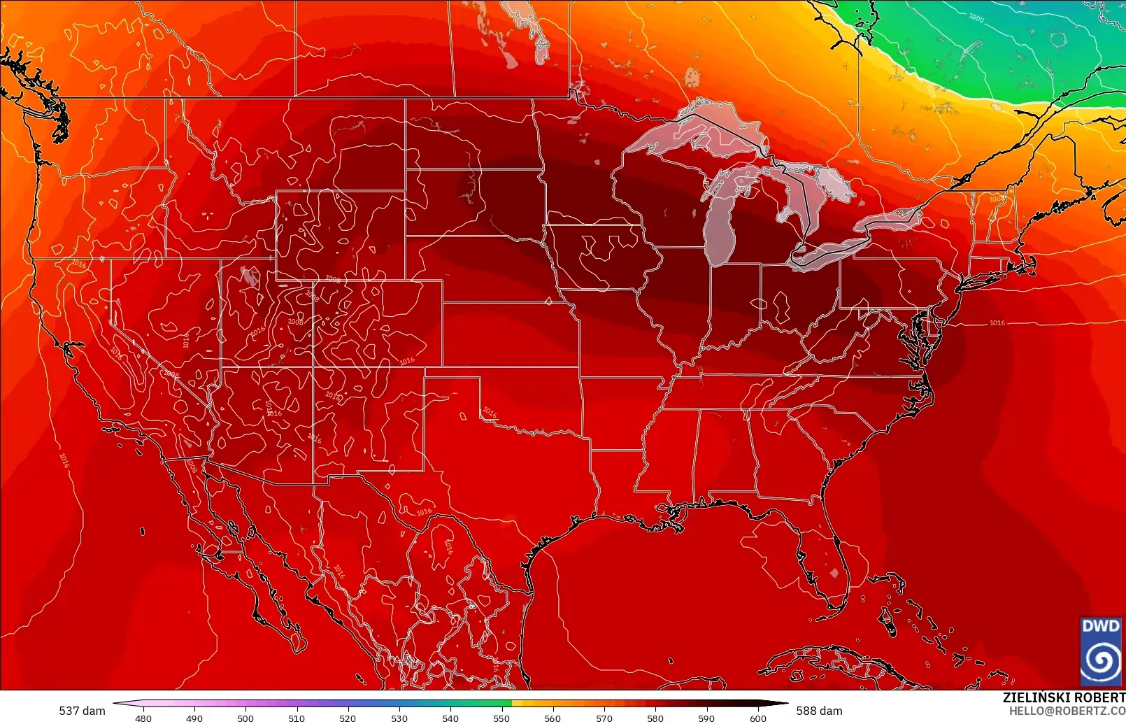 ICON model - United States, Geopotential height at 500hPa