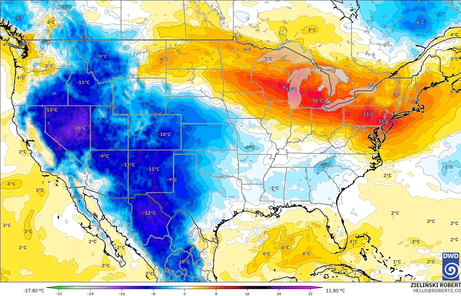 ICON model - United States, Temperature at 850hPa Anomaly