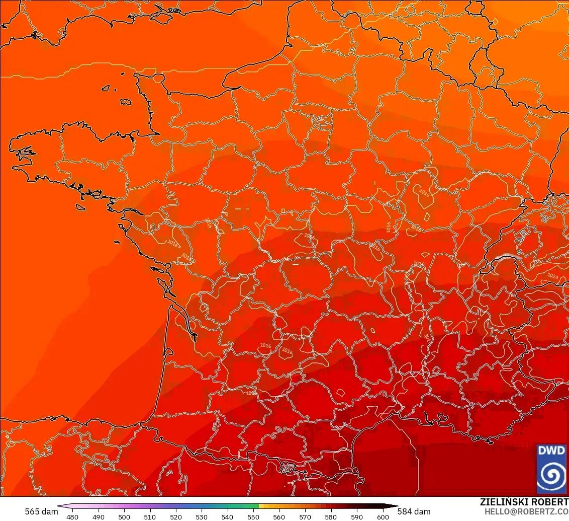 ICON model - France, Geopotential height at 500hPa