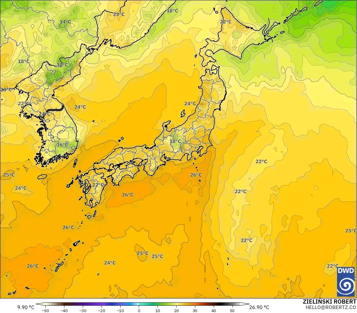 ICON model - Japan, Dewpoint at 2m