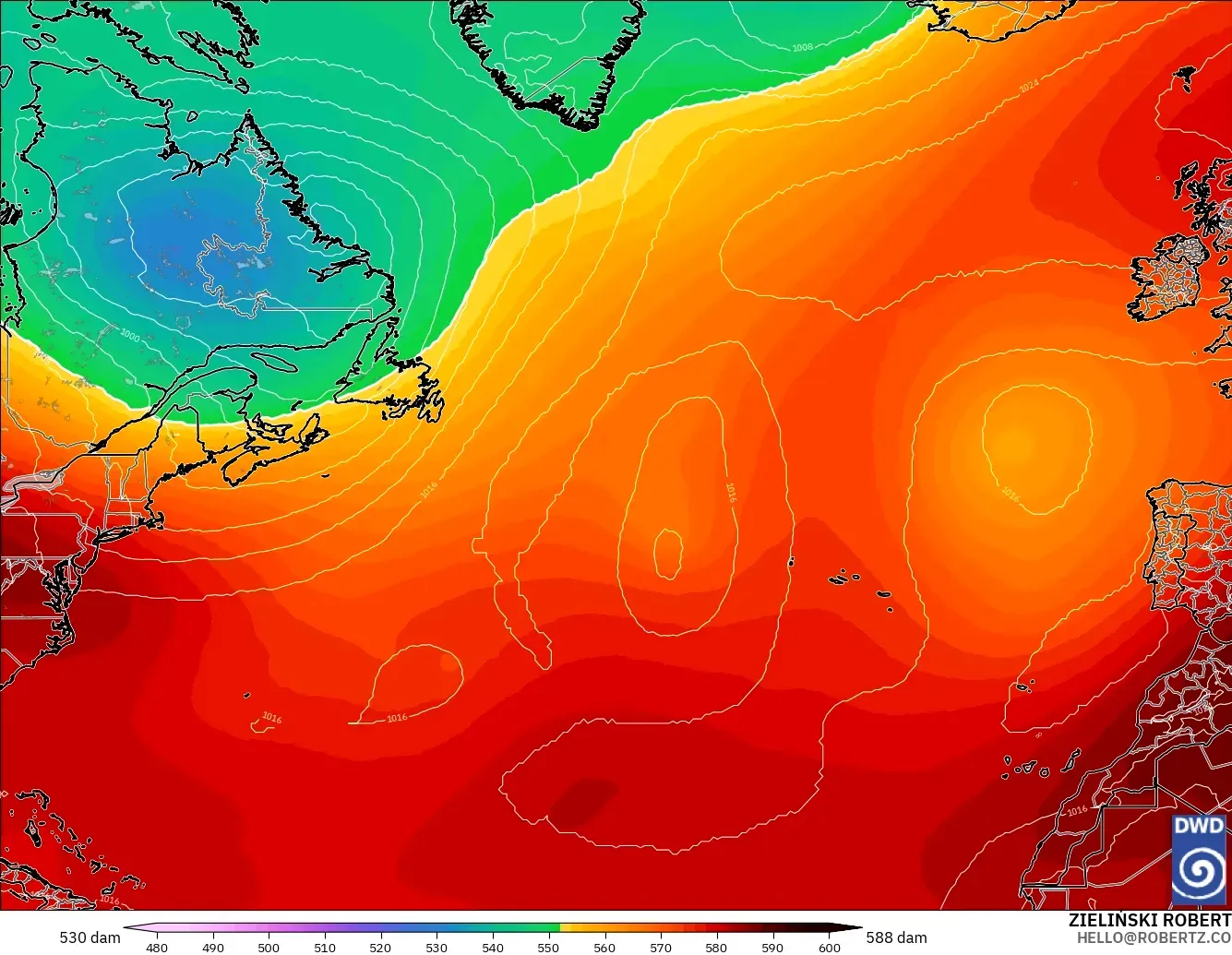 ICON model - North Atlantic, Geopotential height at 500hPa