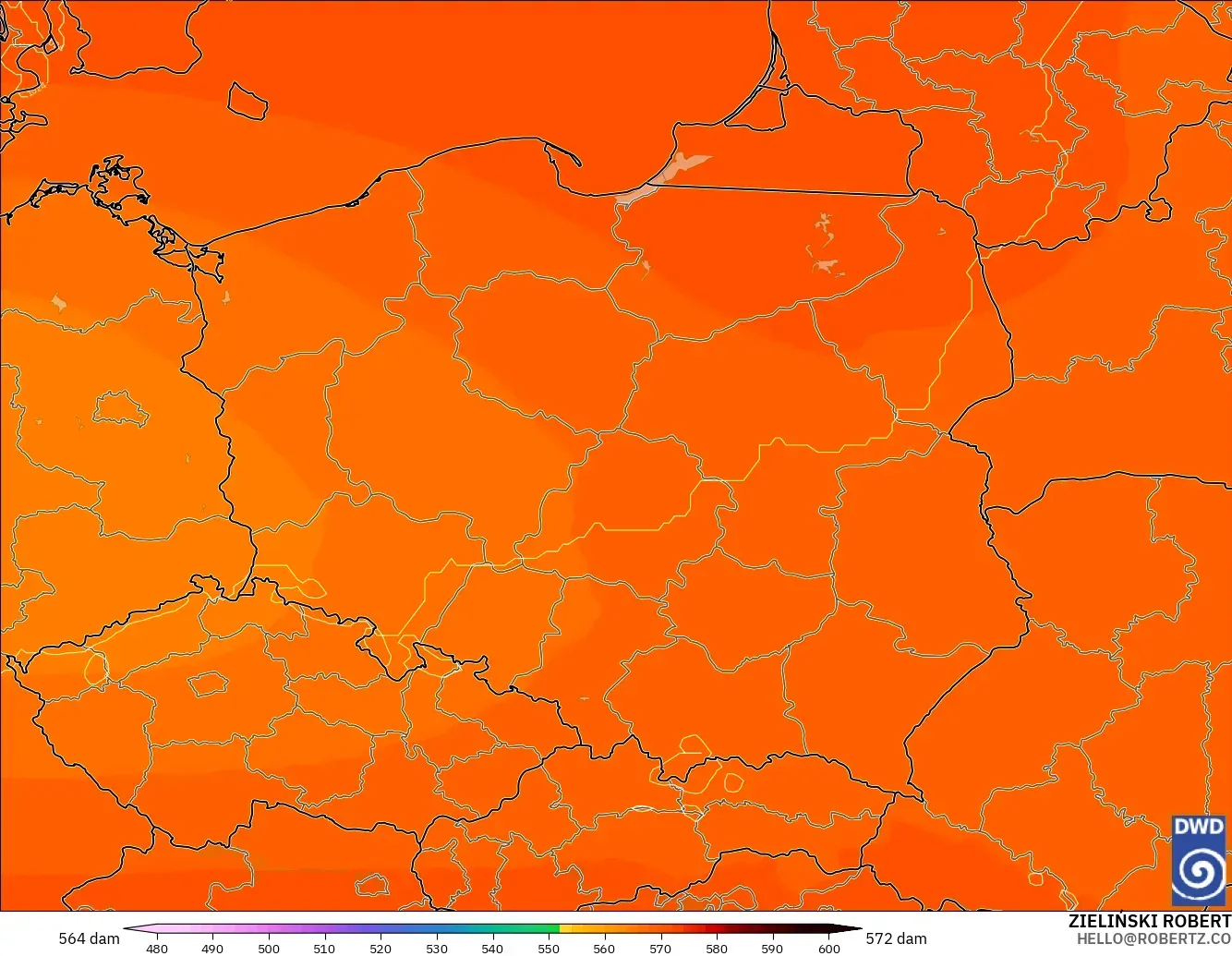ICON model - Poland, Geopotential height at 500hPa