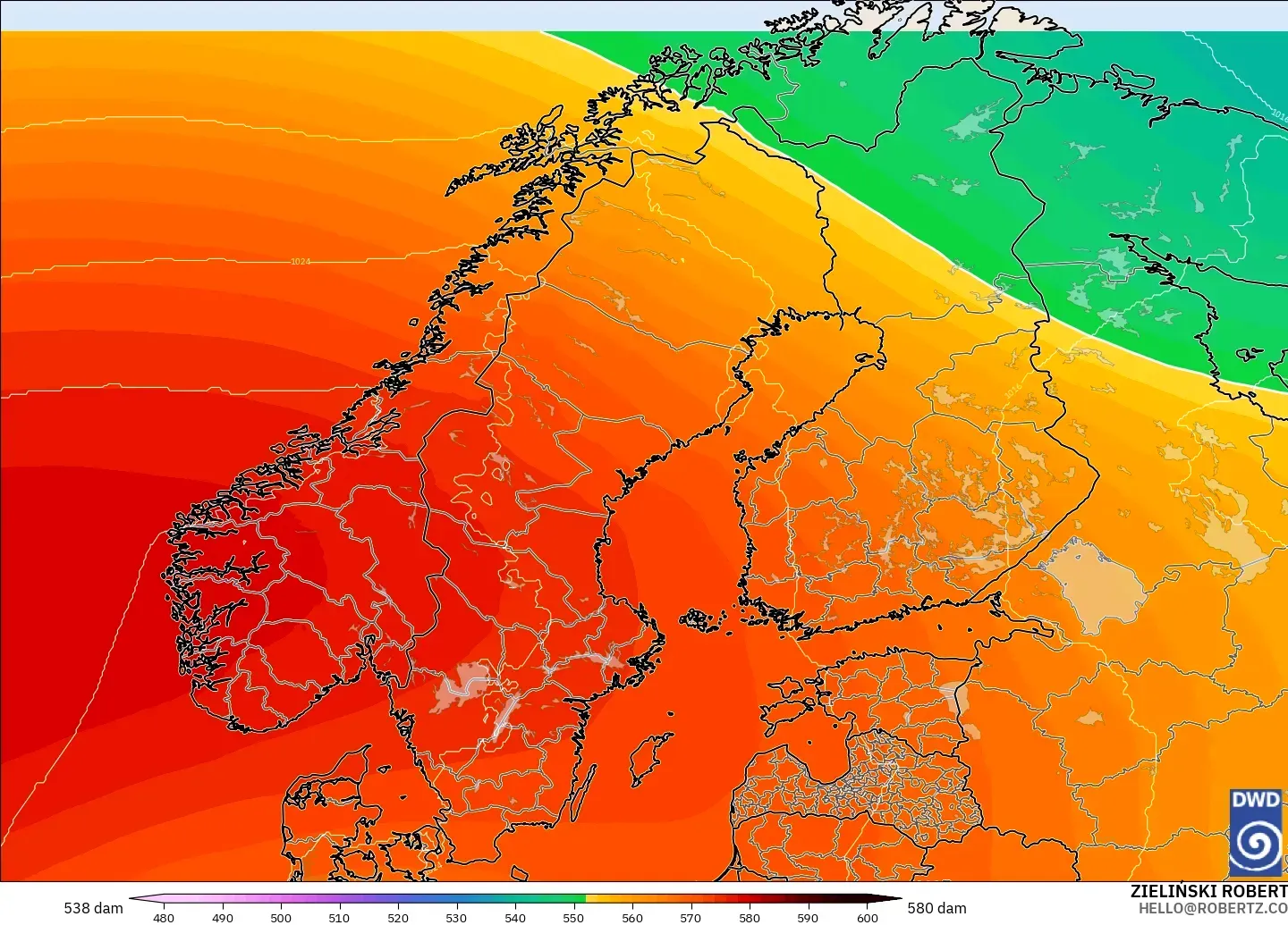 ICON model - Scandinavia, Geopotential height at 500hPa