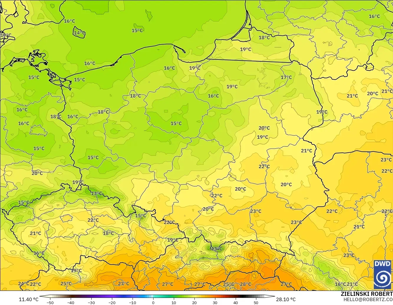 ICON model - Poland, Temperature at 2m