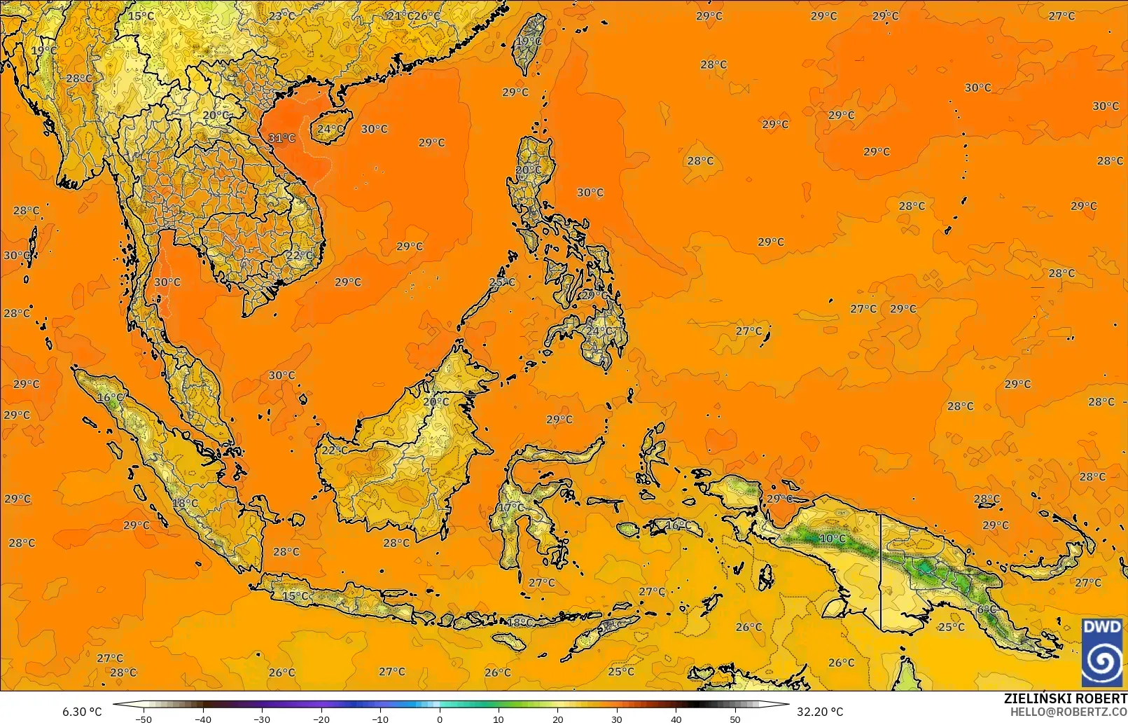ICON model - South East Asia, Temperature at 2m