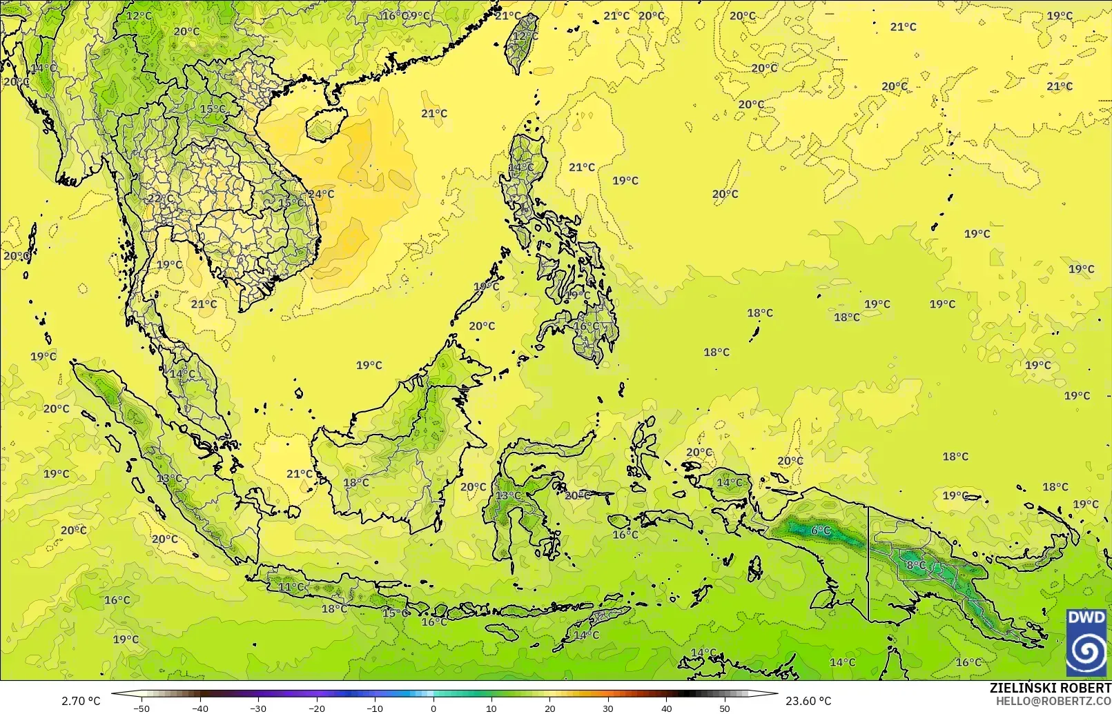 ICON model - South East Asia, Temperature at 850hPa