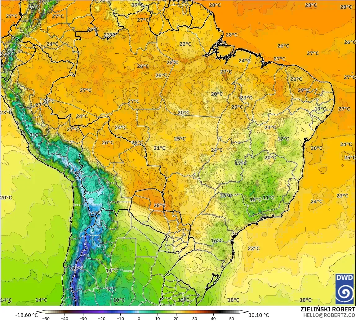 ICON model - Brazil, Temperature at 2m
