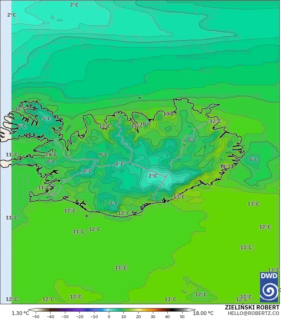 ICON model - Iceland, Temperature at 2m