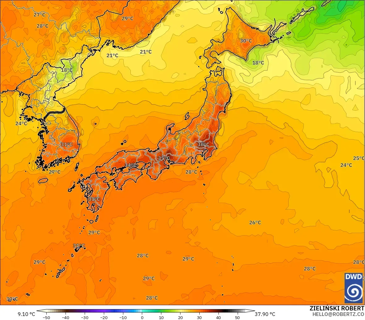 ICON model - Japan, Temperature at 2m