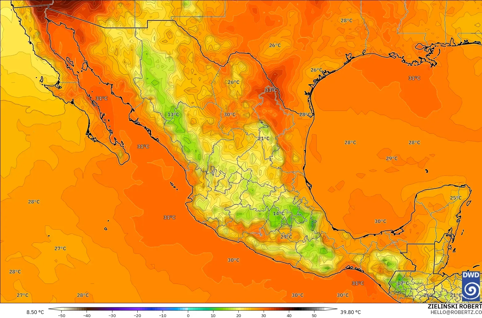 ICON model - Mexico, Temperature at 2m