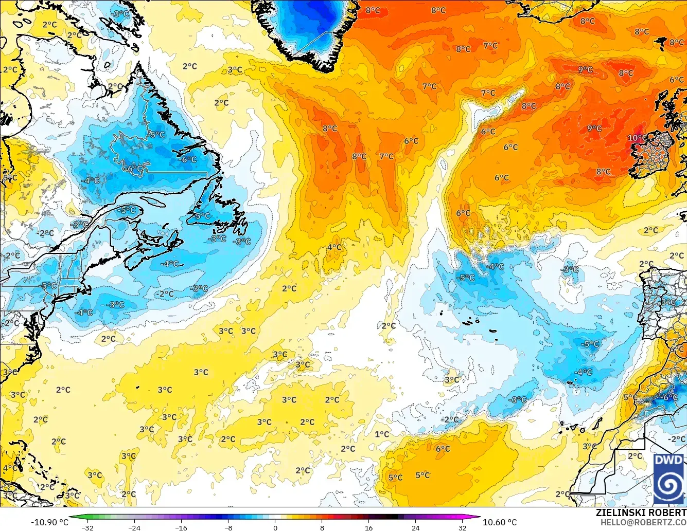 ICON model - North Atlantic, Temperature at 850hPa Anomaly