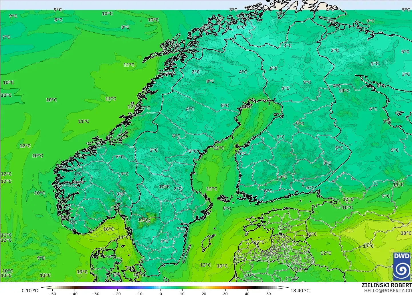 ICON model - Scandinavia, Dewpoint at 2m