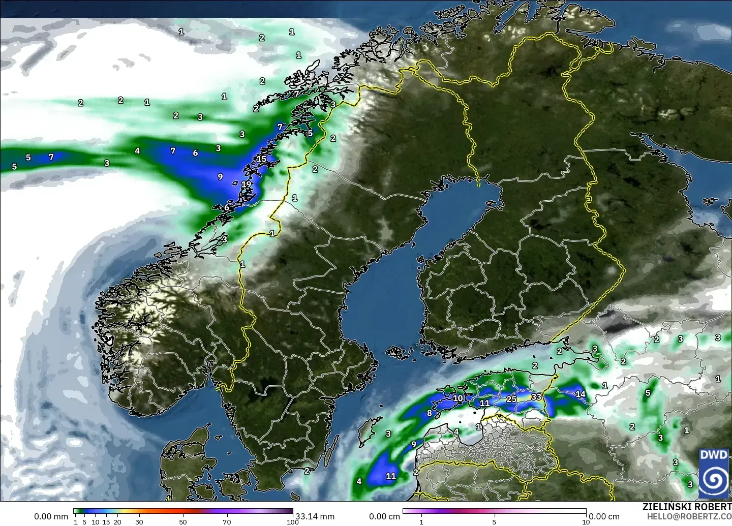 ICON model - Scandinavia, Precipitation, Clouds, and Pressure