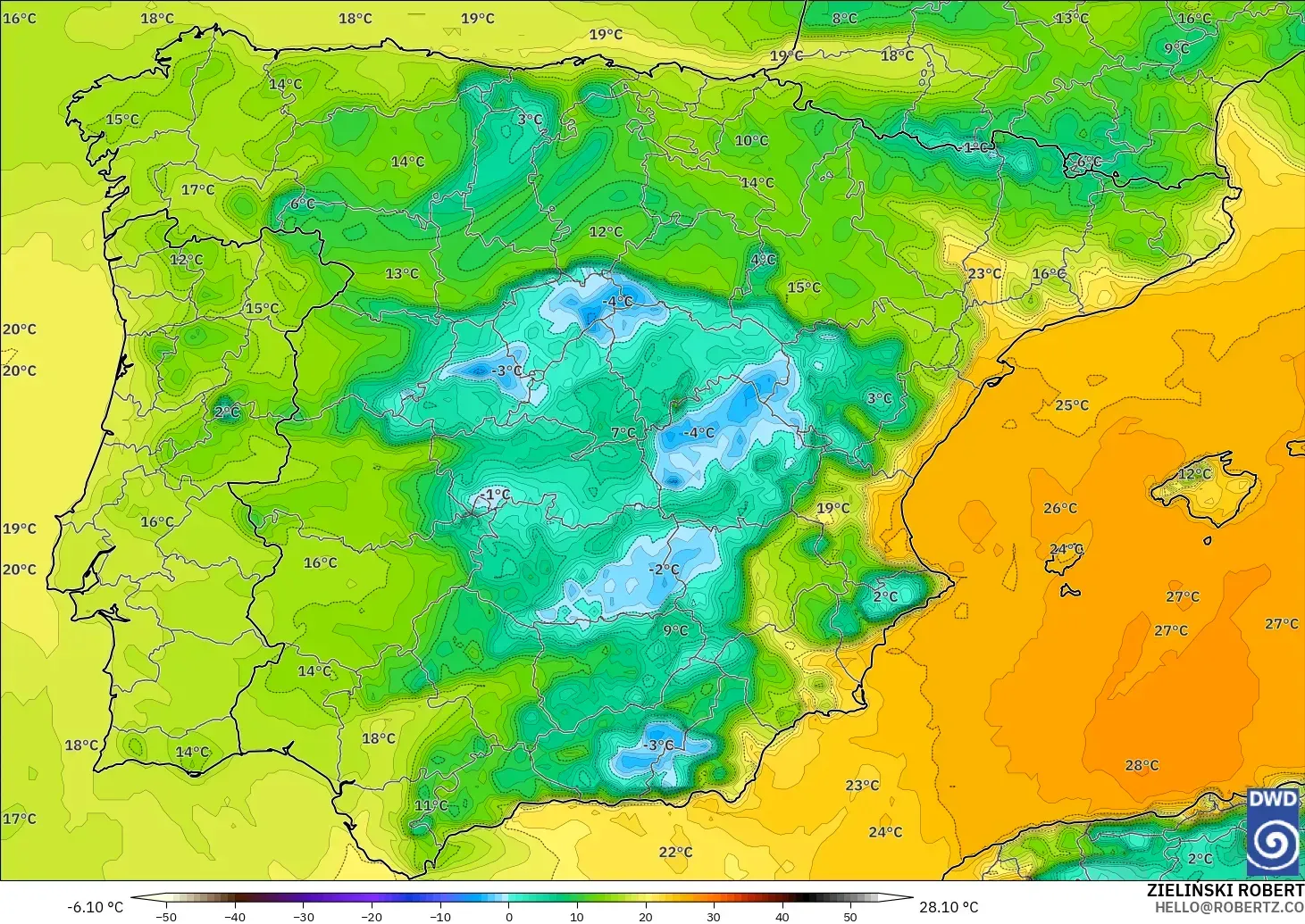ICON model - Spain, Dewpoint at 2m
