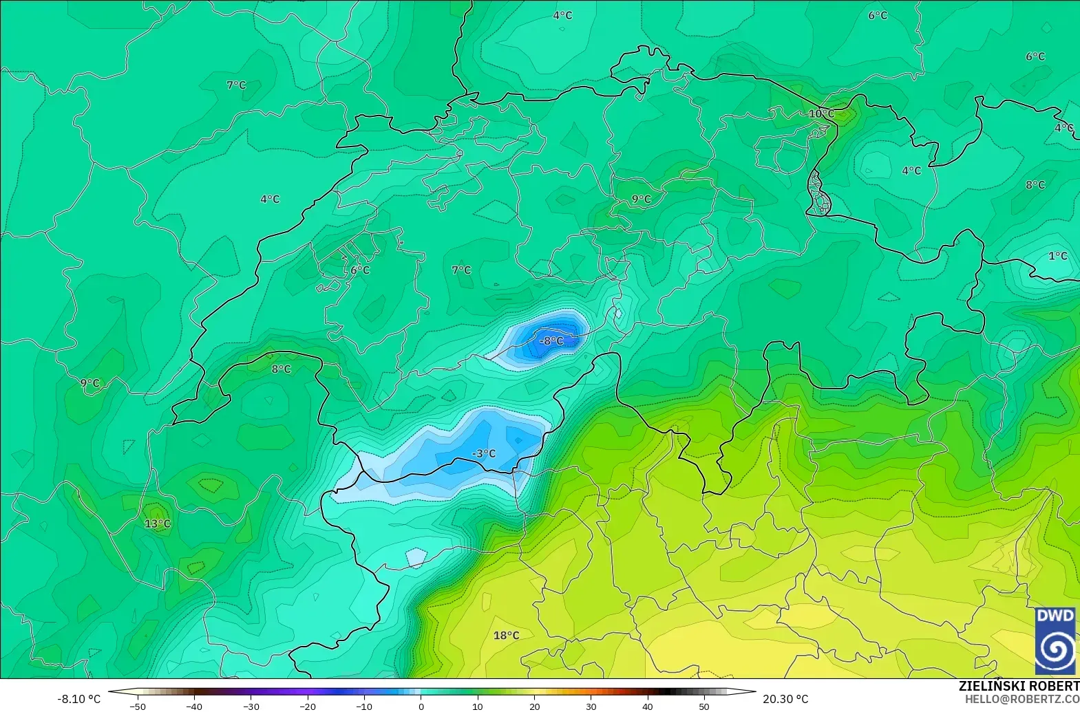 ICON model - Switzerland, Dewpoint at 2m