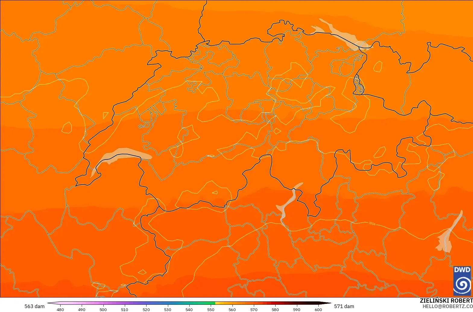 ICON model - Switzerland, Geopotential height at 500hPa