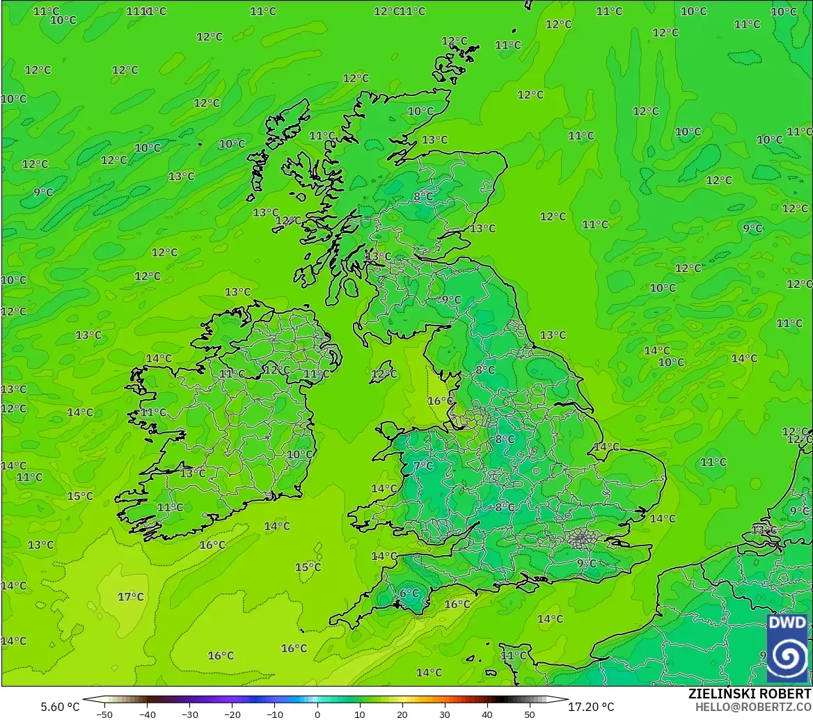 ICON model - United Kingdom, Dewpoint at 2m