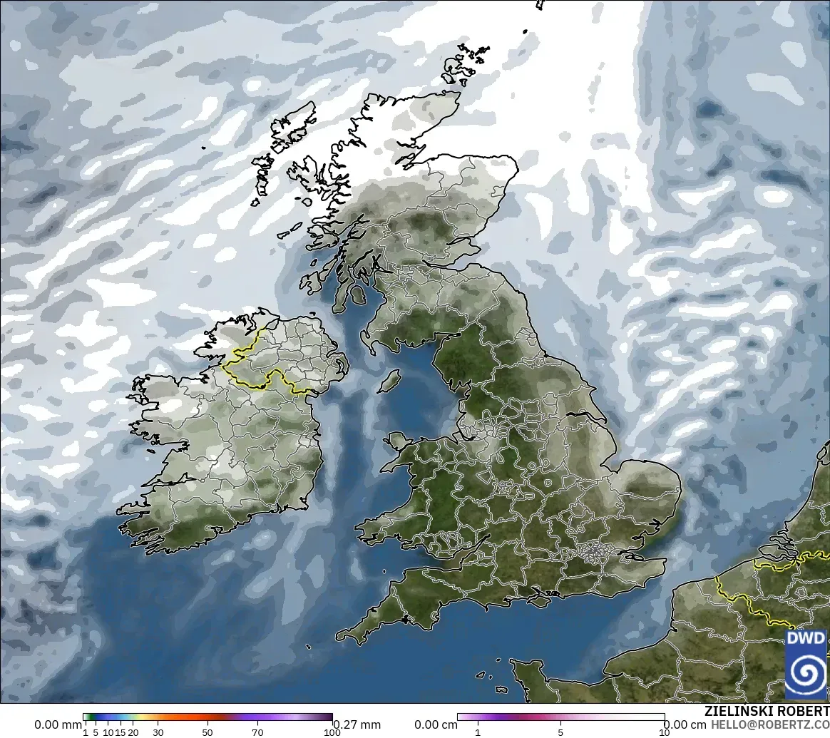 ICON model - United Kingdom, Precipitation, Clouds, and Pressure