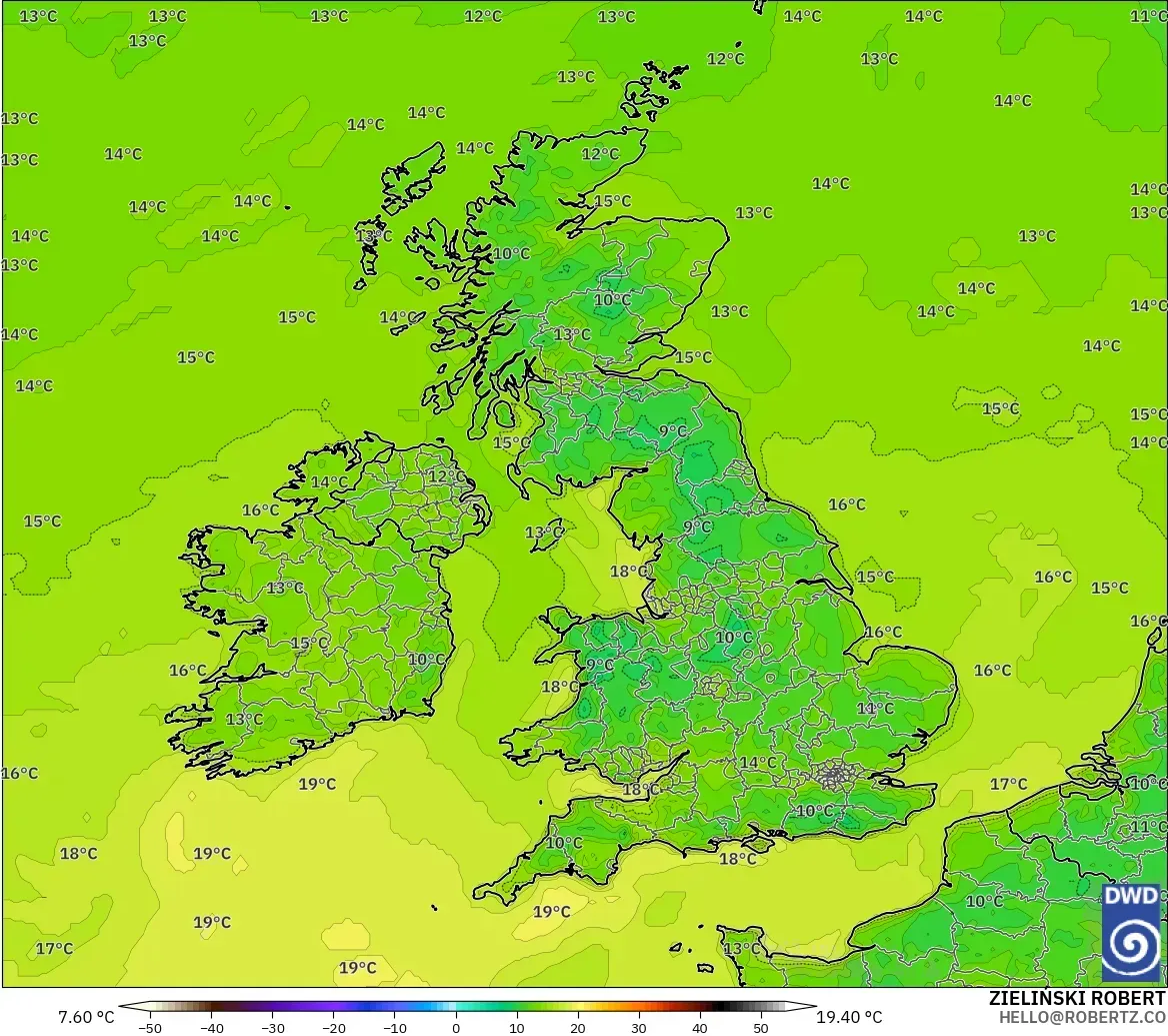 ICON model - United Kingdom, Temperature at 2m