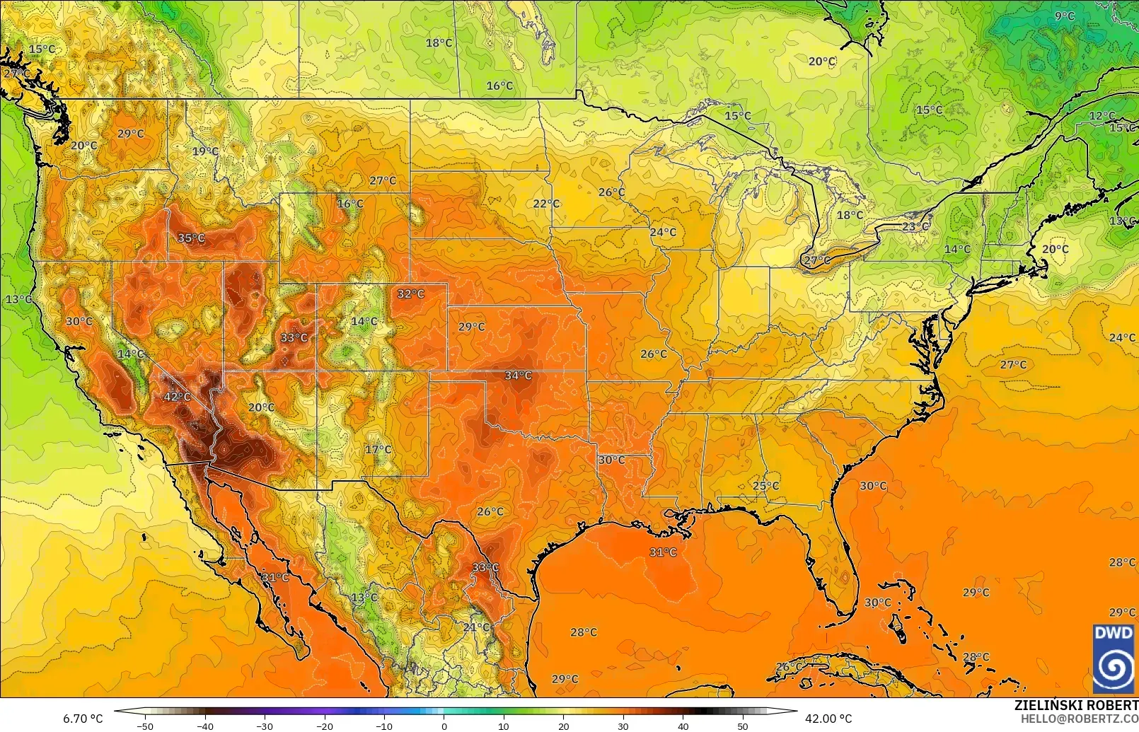 ICON model - United States, Temperature at 2m
