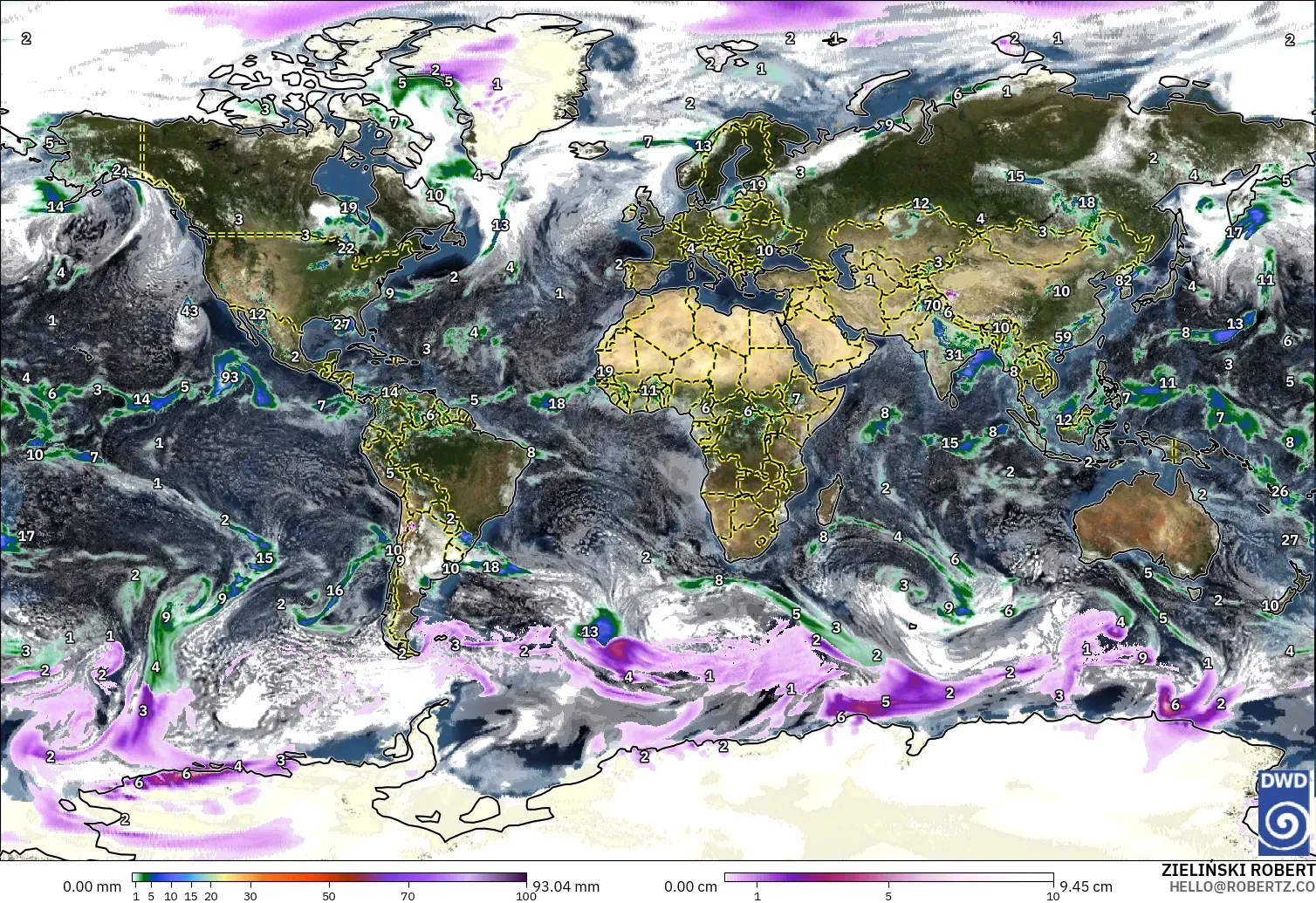 ICON model - World, Precipitation, Clouds, and Pressure