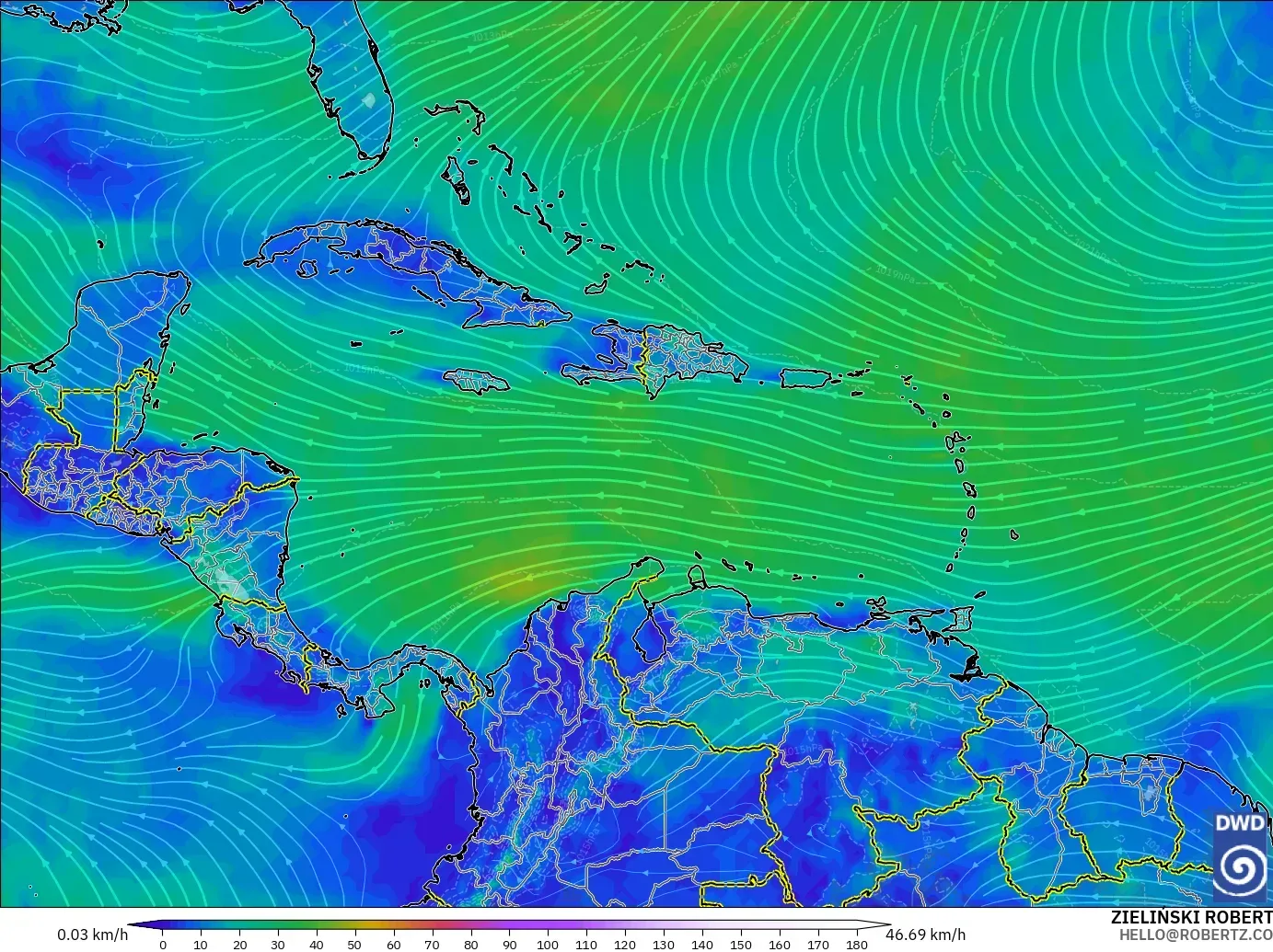 ICON model - Caribbean, Wind at 10m