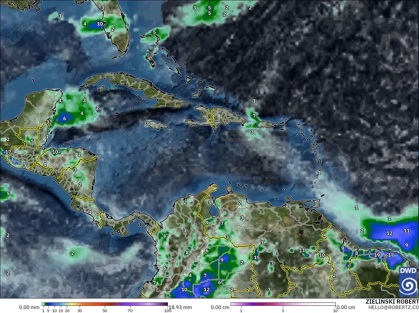 ICON model - Caribbean, Precipitation, Clouds, and Pressure