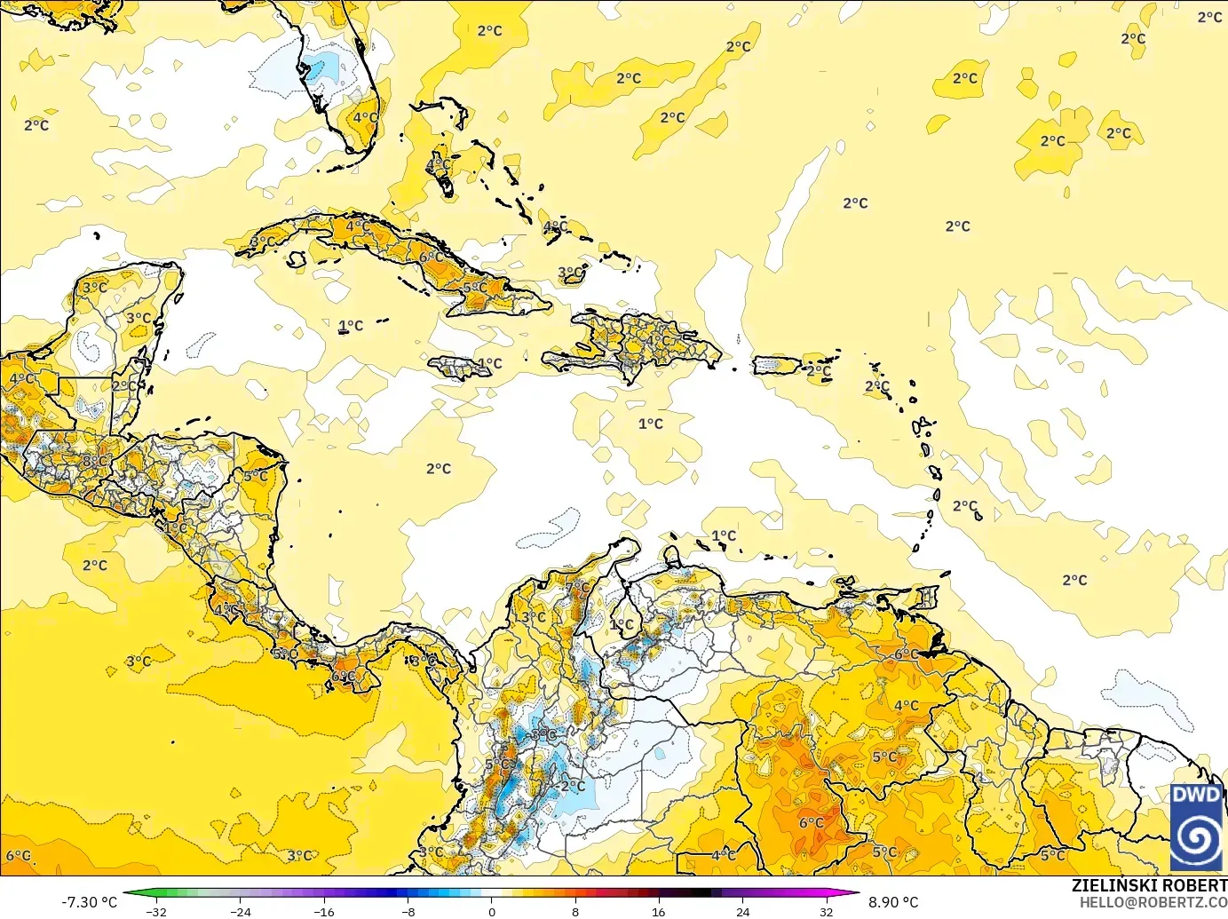 ICON model - Caribbean, Temperature at 2m Anomaly