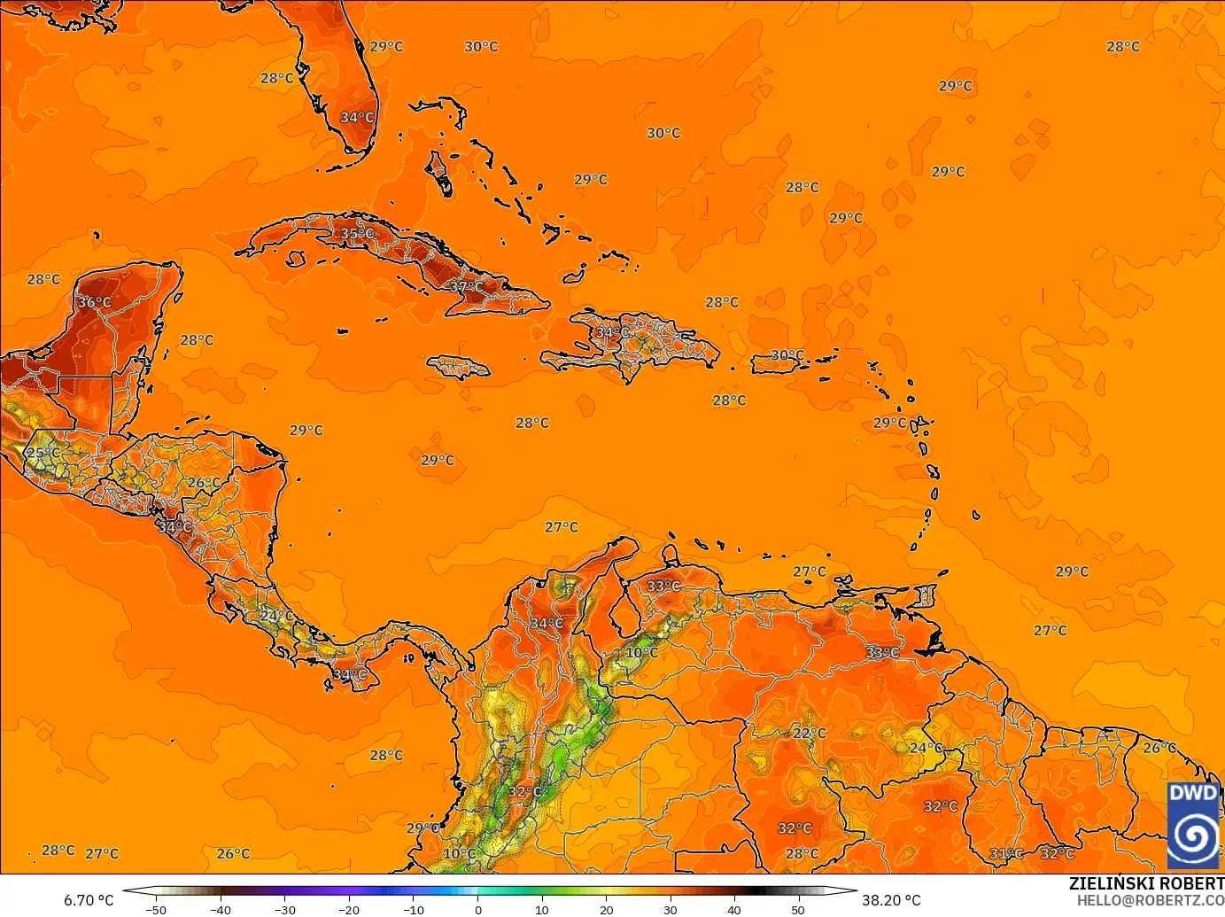 ICON model - Caribbean, Temperature at 2m