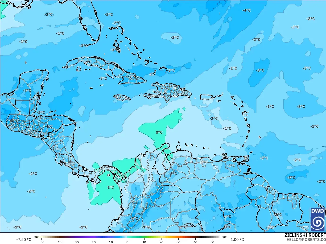 ICON model - Caribbean, Temperature at 500hPa