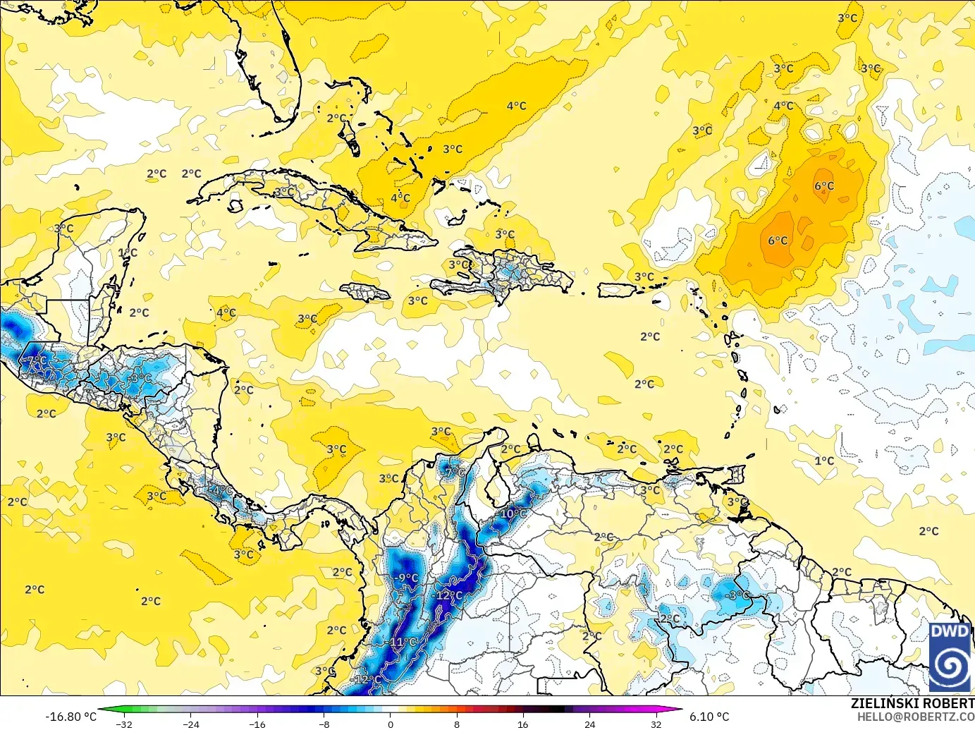 ICON model - Caribbean, Temperature at 850hPa Anomaly