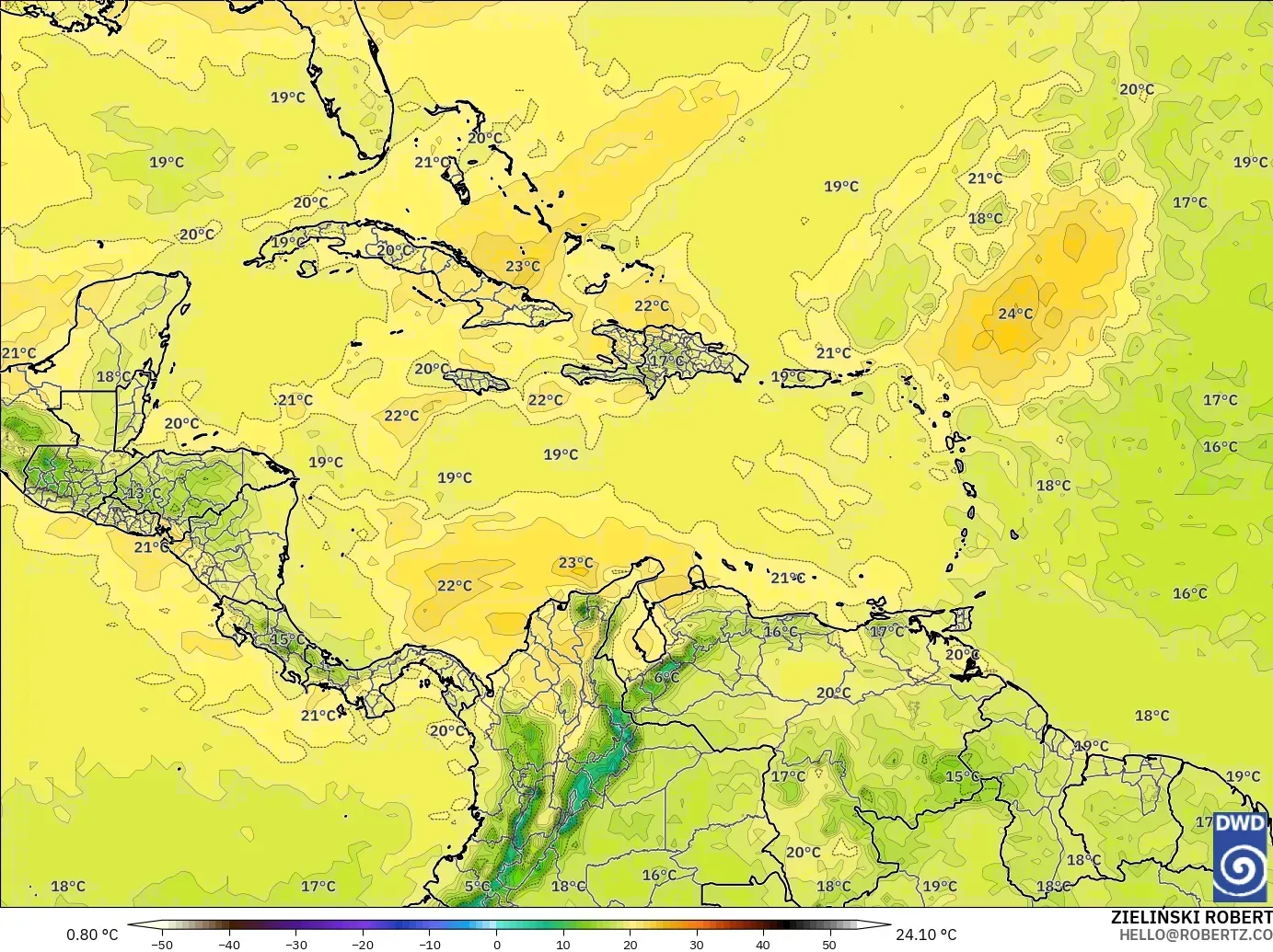 ICON model - Caribbean, Temperature at 850hPa