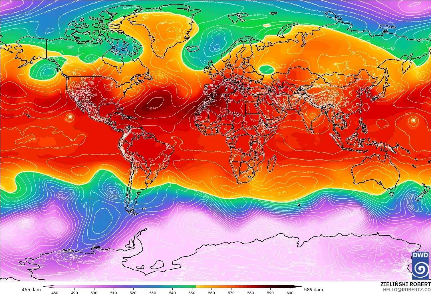 ICON model - World, Geopotential height at 500hPa