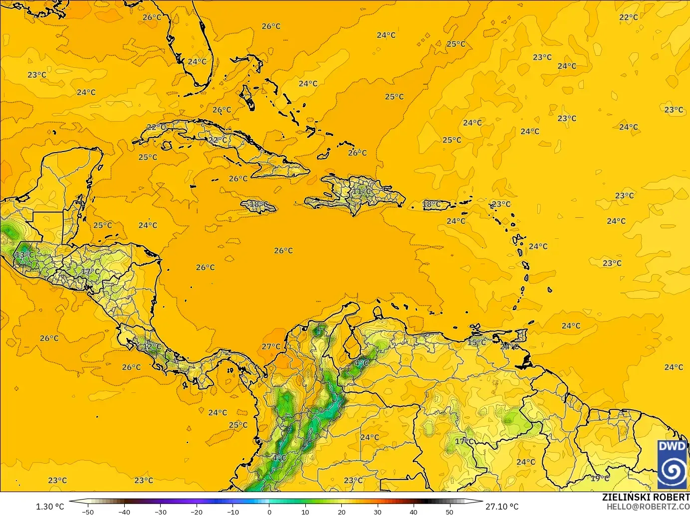 ICON model - Caribbean, Dewpoint at 2m