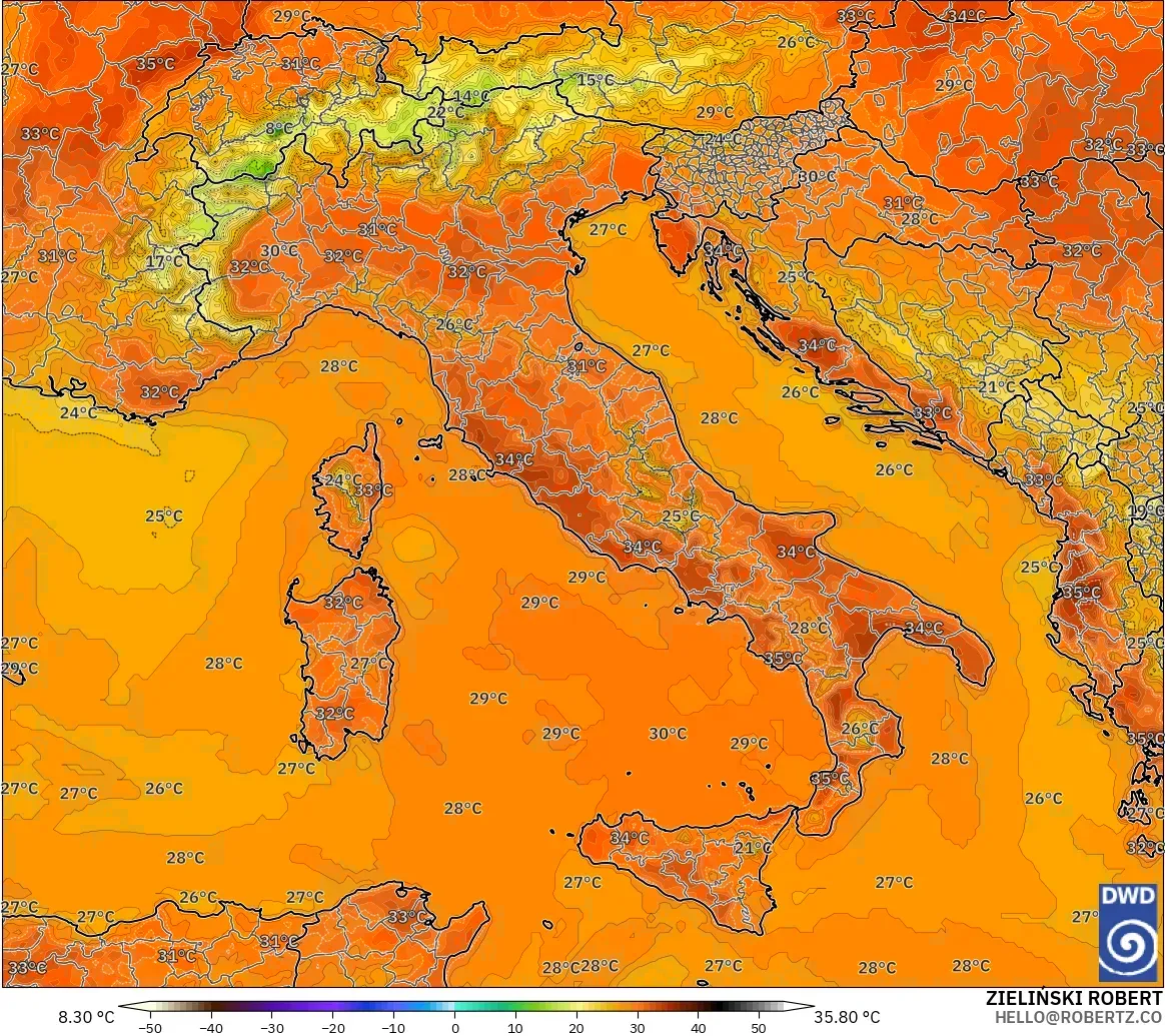 ICON model - Italy, Temperature at 2m
