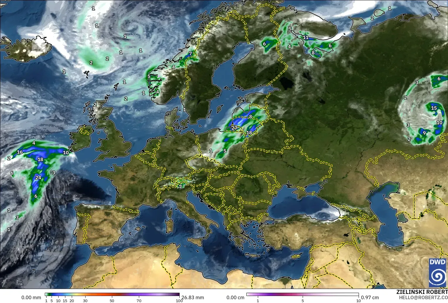 ICON model - Europe, Precipitation, Clouds, and Pressure