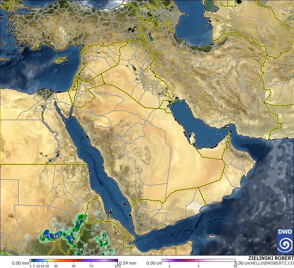 ICON model - Middle East, Precipitation, Clouds, and Pressure
