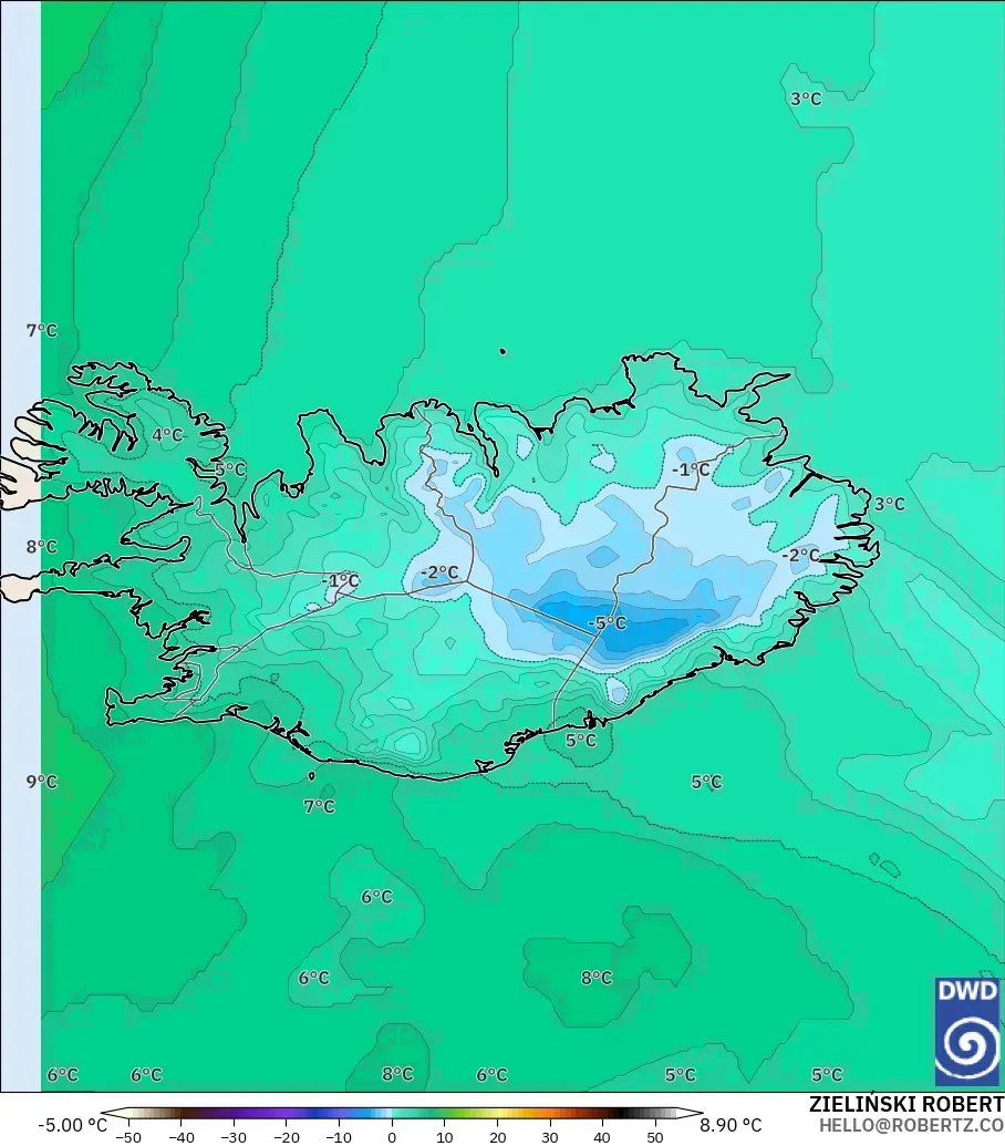 ICON model - Iceland, Temperature at 850hPa