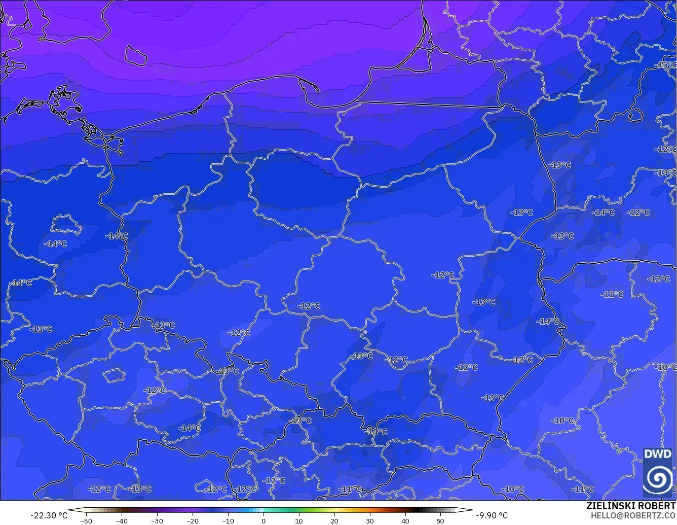 ICON model - Poland, Temperature at 500hPa