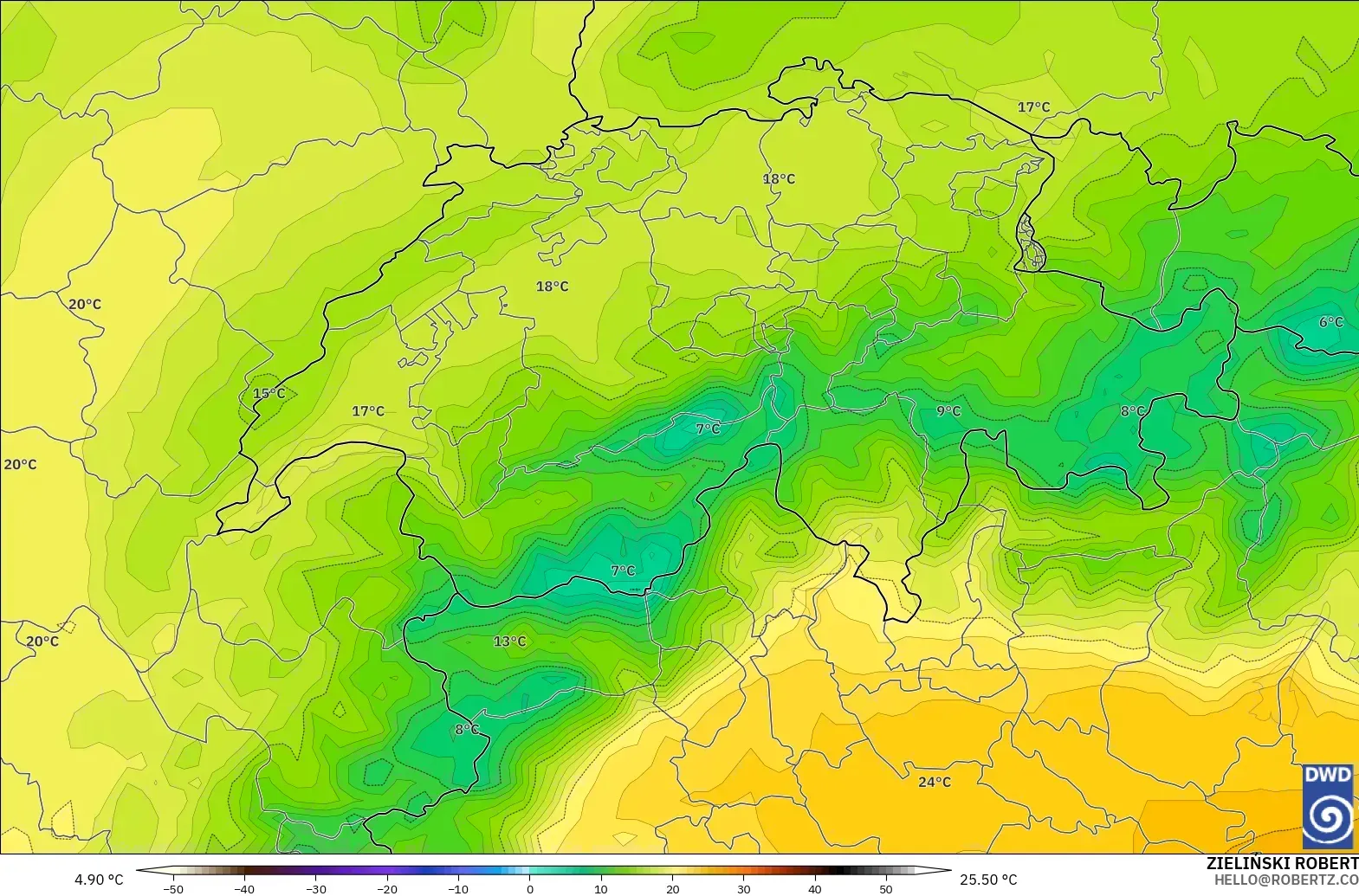 ICON model - Switzerland, Temperature at 850hPa