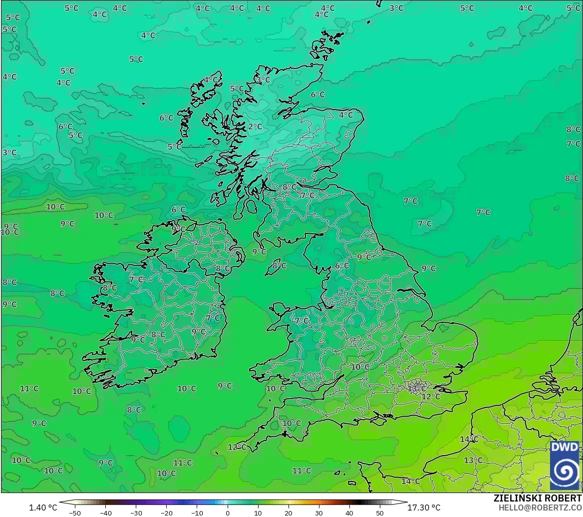 ICON model - United Kingdom, Temperature at 850hPa
