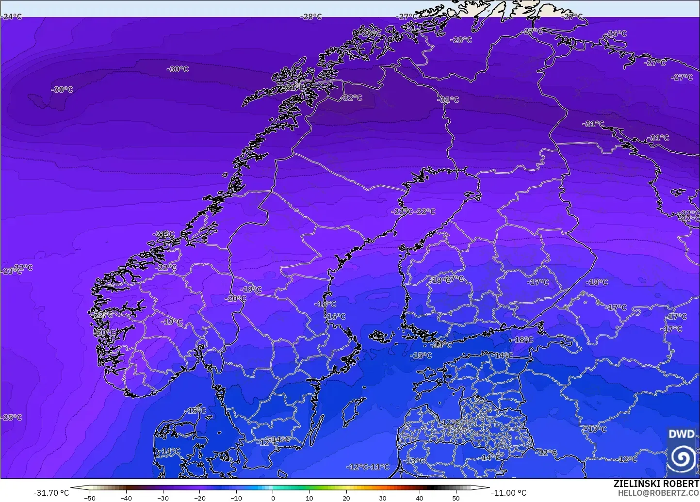 ICON model - Scandinavia, Temperature at 500hPa