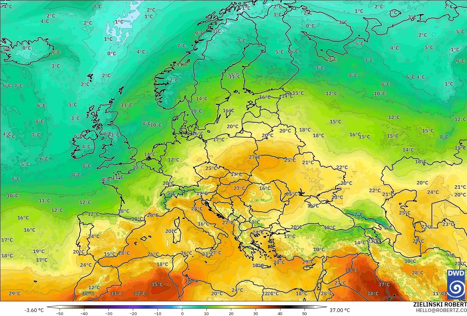 ICON model - Europe, Temperature at 850hPa