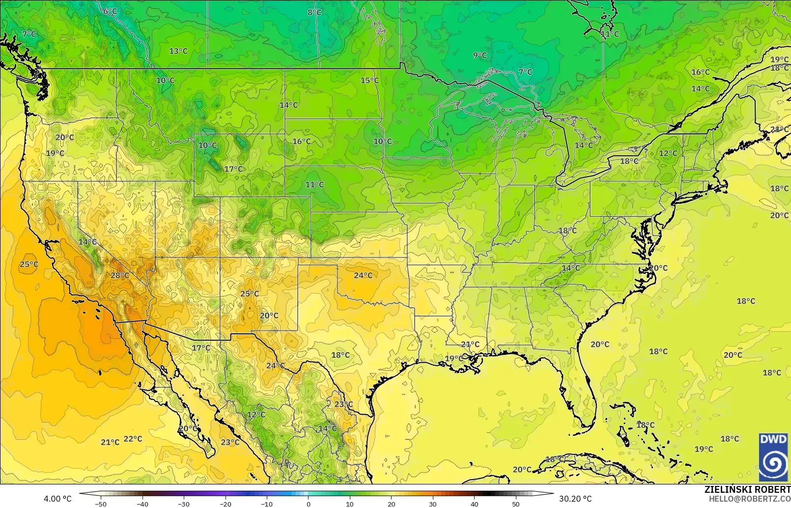 ICON model - United States, Temperature at 850hPa