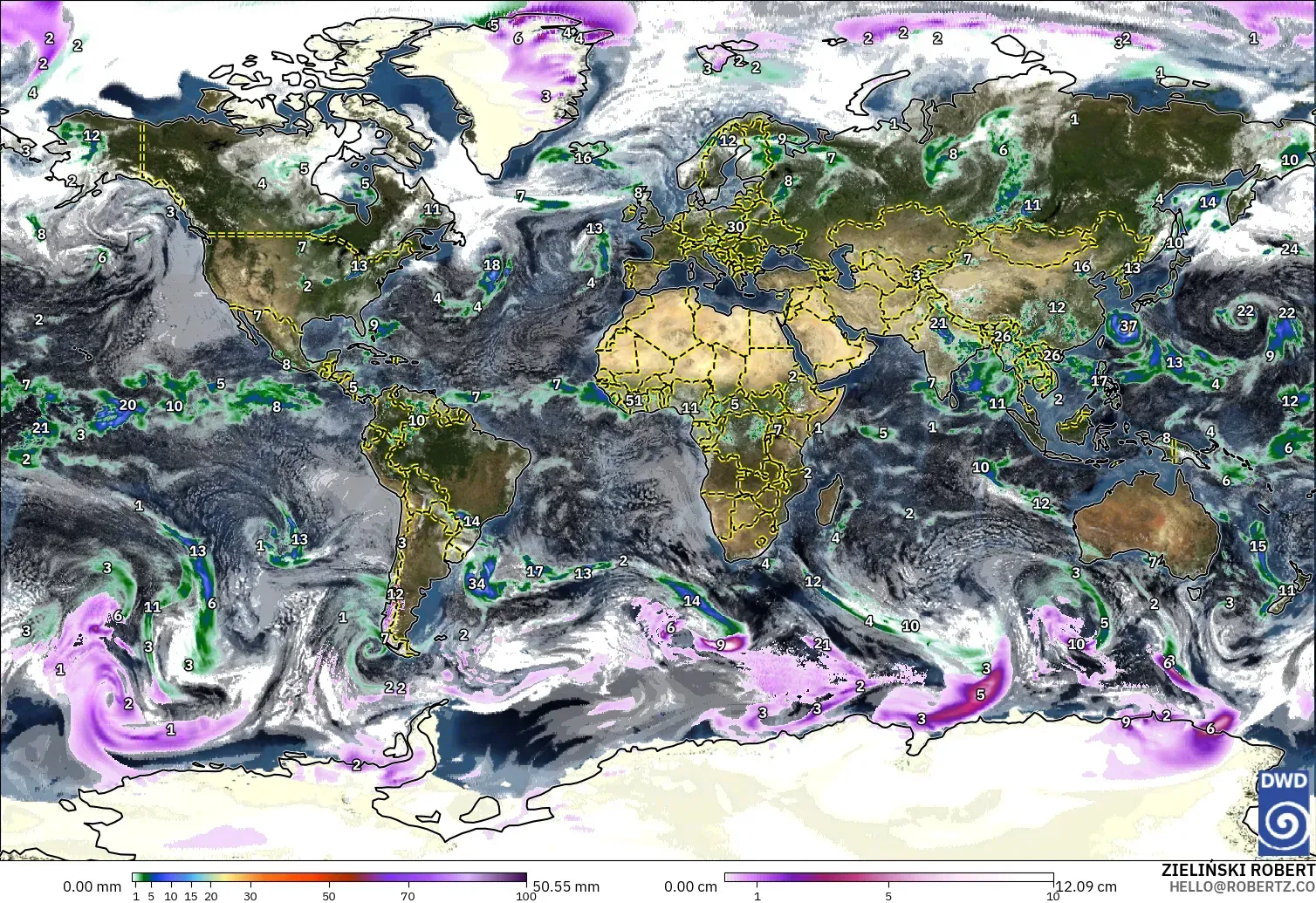 ICON model - World, Precipitation, Clouds, and Pressure