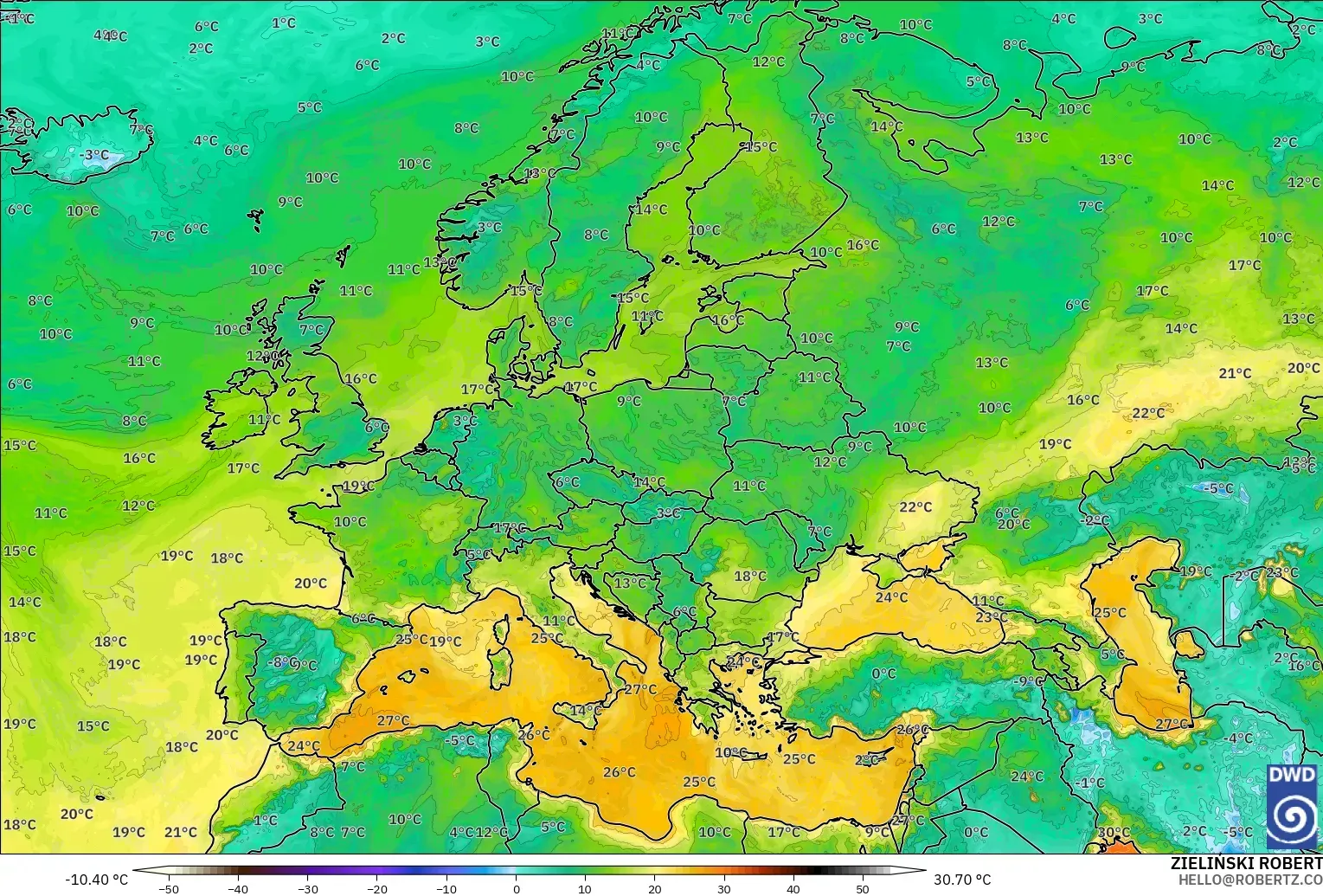 ICON model - Europe, Dewpoint at 2m