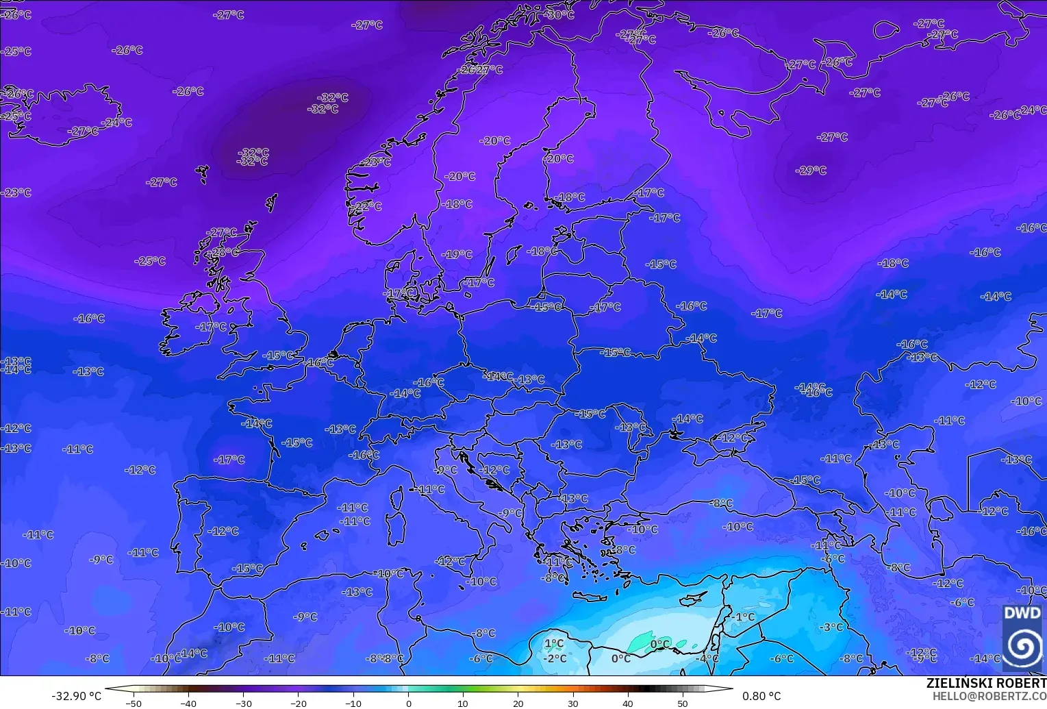 ICON model - Europe, Temperature at 500hPa