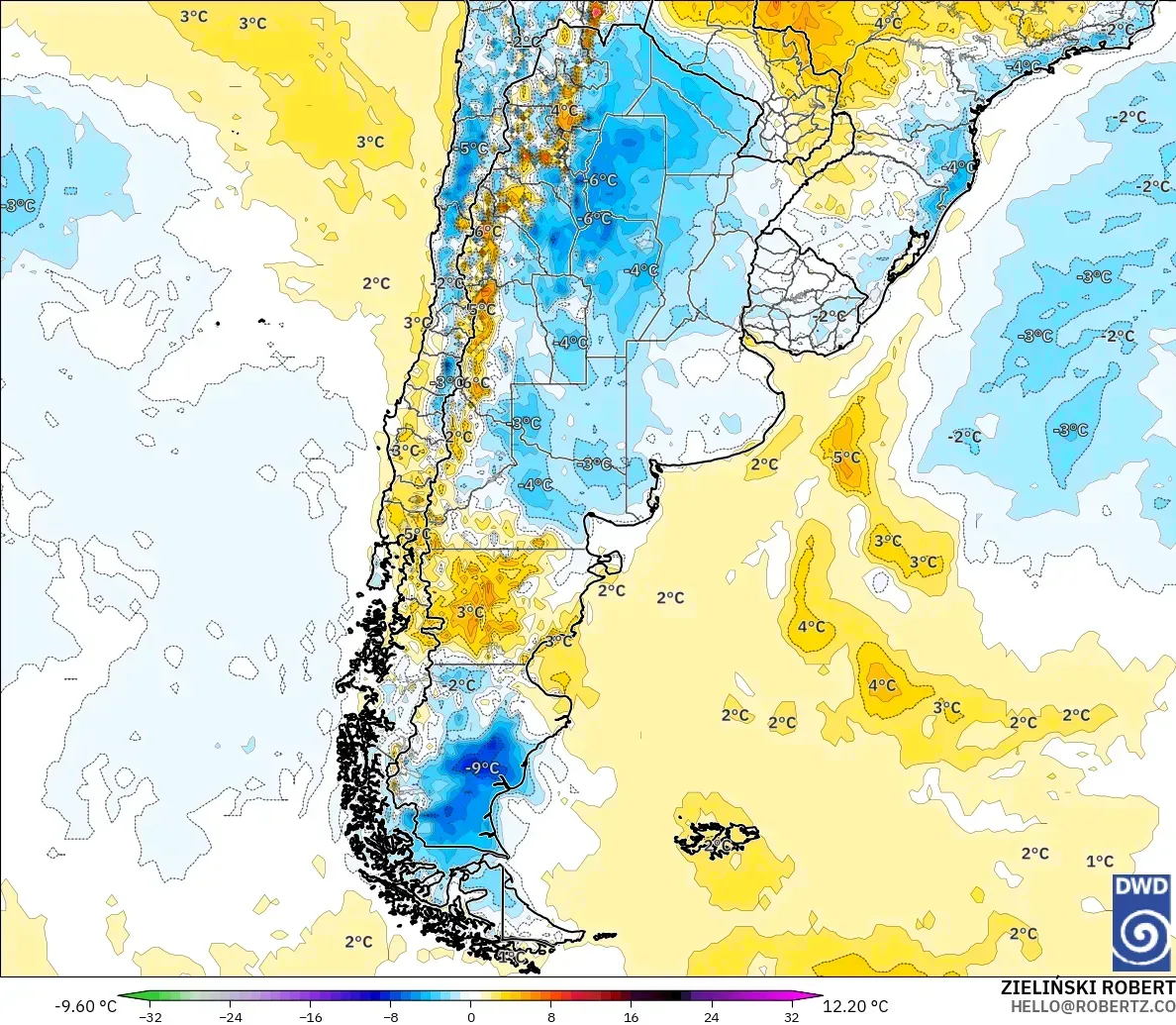 ICON model - Argentina, Temperature at 2m Anomaly