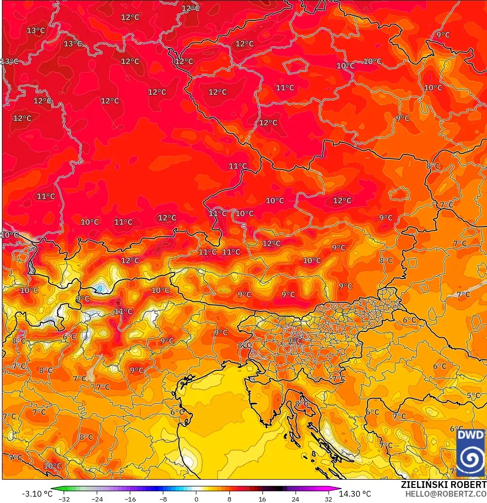 ICON model - Austria, Temperature at 2m Anomaly