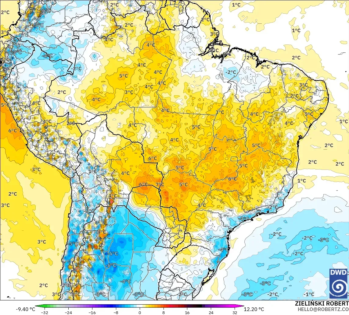 ICON model - Brazil, Temperature at 2m Anomaly